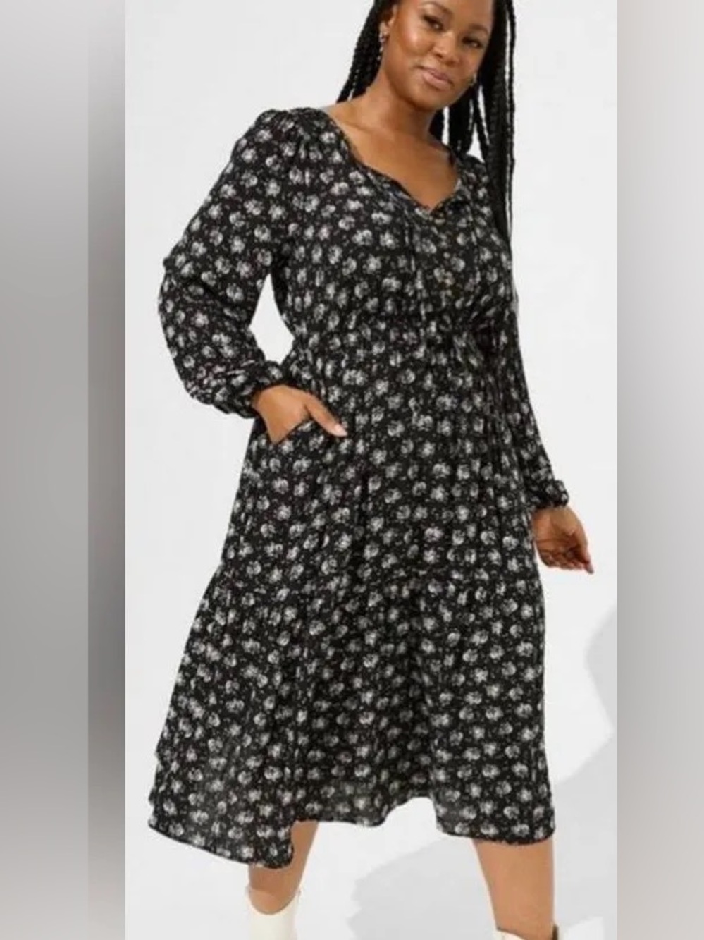 NWT TORRID MIDI SWISSC DOT PLEAT LONG SLEEVE DRESS ROSE BLACK FLORAL  DRESS